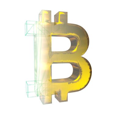 Bitcoin işareti, yeşil şebeke beyaz arka planda altına dönüşür. 3B illüstrasyon