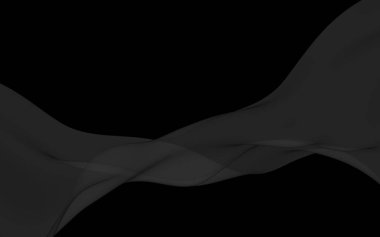 Siyah soyut arka plan. Kanat çırpan siyah eşarp. Rüzgâr siyah kumaşında sallanıyor. 3B illüstrasyon