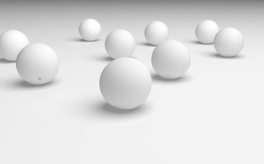 Beyaz soyut arka plan. Beyaz toplar beyaz arka planda izole edilmiş. 3B illüstrasyon