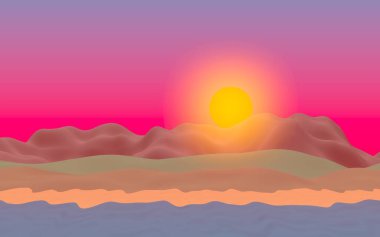 Sun Sea Beach. Sunrise. Sahilde dalgalarla okyanus kıyısı. Dalgalar ile Ada plaj cenneti. Tatil, yaz, rahatlama. Deniz manzarası, deniz kıyısı. Minimalist manzara, ilkellik. 3d illüstrasyon