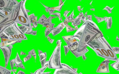 Kromakeyle izole edilmiş uçan dolar banknotları. Havada para uçuyor. 100 Amerikan doları yeni numune alıyor. 3B illüstrasyon