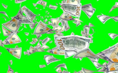 Kromakeyle izole edilmiş uçan dolar banknotları. Havada para uçuyor. 100 Amerikan doları yeni numune alıyor. 3B illüstrasyon