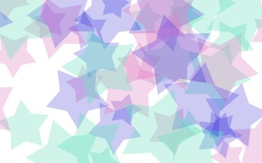 Beyaz arkaplanda çok renkli yarı saydam yıldızlar. Kırmızı tonlar. 3B illüstrasyon