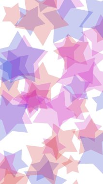 Beyaz arkaplanda çok renkli yarı saydam yıldızlar. Dikey görüntü yönlendirmesi. 3B illüstrasyon