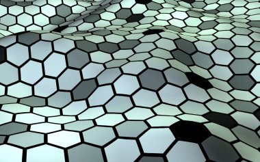 Değişken renkte bir bal peteği. Çokgenin perspektif görüntüsü bal peteğine benziyor. Dalgalı yüzey. İzometrik geometri. 3B illüstrasyon