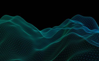 Siyah bir arka plan üzerinde soyut yeşil manzara. Siber uzay şebekesi. merhaba teknoloji ağı. Alan derinliği. 3d illüstrasyon