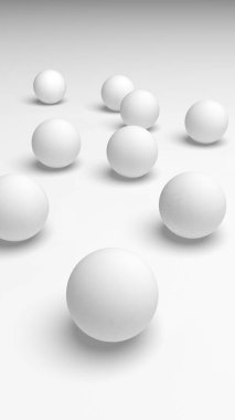 Beyaz soyut arka plan. Beyaz toplar beyaz arka planda izole edilmiş. 3B illüstrasyon