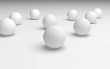 Beyaz soyut arka plan. Beyaz toplar beyaz arka planda izole edilmiş. 3B illüstrasyon