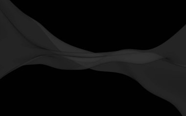 Siyah soyut arka plan. Kanat çırpan siyah eşarp. Rüzgâr siyah kumaşında sallanıyor. 3B illüstrasyon