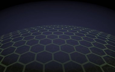 Çok katmanlı petek küresi, koyu arka planda mor, sosyal ağ, bilgisayar ağı, teknoloji, küresel ağ. 3d illüstrasyon