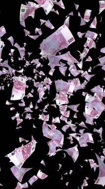 Uçan euro banknotlar karanlık bir arka plan üzerinde izole. Havada para uçuşuyor. 500 Euro renkli. 3d illüstrasyon