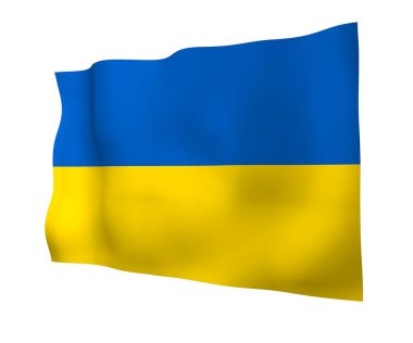 Beyaz arka planda Ukrayna bayrağı. Ulusal bayrak ve eyalet bayrağı. Mavi ve sarı iki renkli. 3 Boyutlu illüstrasyon bayrağı