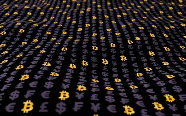 Bitcoin Och Valuta Mörk Bakgrund Digital Kryptosymbol Vågeffekt Marknadsfluktuationer Affärsidé — Stockfoto