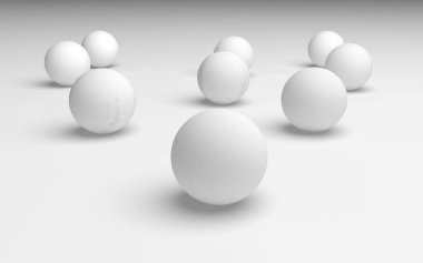 Beyaz soyut arka plan. Beyaz toplar beyaz arka planda izole edilmiş. 3B illüstrasyon