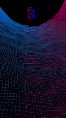Soyut karanlık arka planda dijital para birimi sembolü Bitcoin. Kripto para piyasasının büyümesi. İş, finans ve teknoloji konsepti. 3d illüstrasyon
