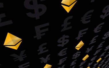 Ethereum klasik ve para karanlık bir arka plan üzerinde. Dijital kripto para birimi sembolü. İş konsepti. Piyasa Ekranı. 3d illüstrasyon