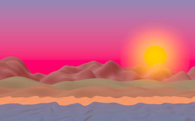 Sun Sea Beach. Sunrise. Sahilde dalgalarla okyanus kıyısı. Dalgalar ile Ada plaj cenneti. Tatil, yaz, rahatlama. Deniz manzarası, deniz kıyısı. Minimalist manzara, ilkellik. 3d illüstrasyon