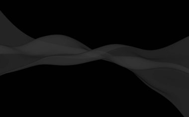 Siyah soyut arka plan. Kanat çırpan siyah eşarp. Rüzgâr siyah kumaşında sallanıyor. 3B illüstrasyon