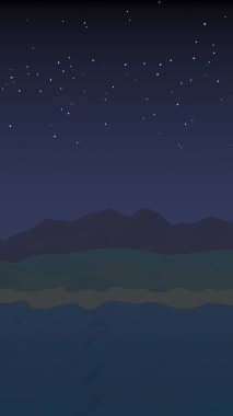Yıldızlı aysız gökyüzü. Sahilde dalgalarla okyanus kıyısı. Dalgalar ile Ada plaj cenneti. Tatil, yaz, rahatlama. Deniz manzarası, deniz kıyısı. Minimalist manzara, ilkellik. 3d illüstrasyon