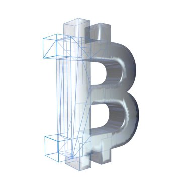 Bitcoin işareti, platin veya gümüş beyaz bir arka plan üzerinde mavi bir ızgara dönüşür. 3d illüstrasyon
