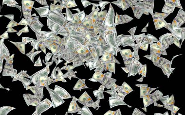 Dolar banknotlar uçan koyu arka plan üzerinde izole. Para havada uçuyor. 100 ABD banknotlar yeni örnek. 3D çizim