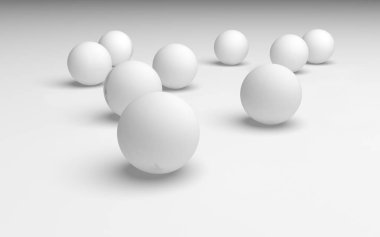 Beyaz soyut arka plan. Beyaz toplar beyaz arka planda izole edilmiş. 3B illüstrasyon