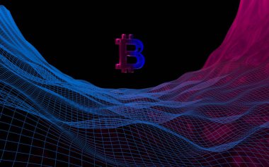 Soyut karanlık arka planda dijital para birimi sembolü Bitcoin. Kripto para piyasasının büyümesi. İş, finans ve teknoloji konsepti. 3d illüstrasyon
