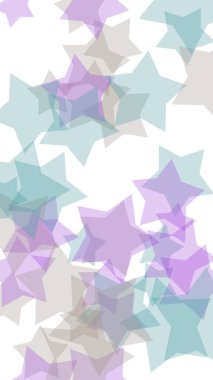 Beyaz arkaplanda çok renkli yarı saydam yıldızlar. Dikey görüntü yönlendirmesi. 3B illüstrasyon