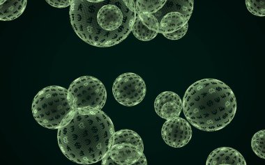 Bitcoin ekonomik balonu. Şifreli para birimi 3 boyutlu illüstrasyon. İş konsepti. Koyu arkaplanda yeşil kabarcıklar