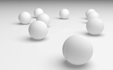 Beyaz soyut arka plan. Beyaz toplar beyaz arka planda izole edilmiş. 3B illüstrasyon