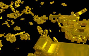 Karanlık bir arka planda dijital para birimi sembolü Bitcoin. Bitcoin düşüşü. Sanal ekranda kripto para birimi grafiği. İş, finans ve teknoloji kavramı. 3B illüstrasyon