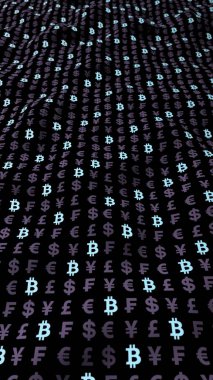 Bitcoin ve para birimi karanlık bir arkaplanda. Dijital şifreleme sembolü. Para balonu, dalga etkisi, piyasa dalgalanmaları. İş konsepti. 3B illüstrasyon