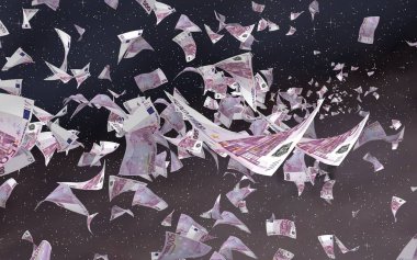 Uzay yıldızlı arka planda euro banknotları uçurmak. Uzayda para uçuyor. 500 EURO renkli. 3B illüstrasyon