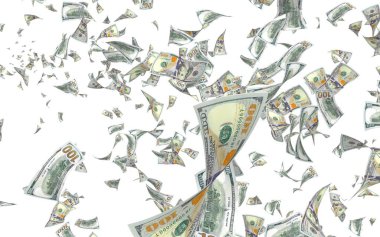 Uçan paralar beyaz arka planda izole edilmiş. Havada para uçuyor. 100 Amerikan doları yeni numune alıyor. 3B illüstrasyon