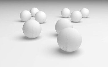 Beyaz soyut arka plan. Beyaz toplar beyaz arka planda izole edilmiş. 3B illüstrasyon