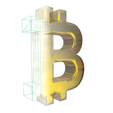 Bitcoin işareti, yeşil şebeke beyaz arka planda altına dönüşür. 3B illüstrasyon