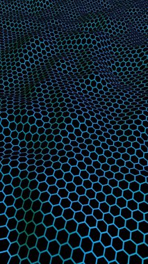 Petek dalga etkisi mavi yeşil arka plan üzerinde. Çokgen in perspektif görünümü petek gibi görünüyor. Biyometrik geometri. Dikey görüntü yönlendirmesi. 3d illüstrasyon