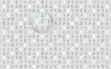 Gri arka planda Bitcoin ve para birimi. Dijital kripto para birimi sembolü. İş konsepti. Piyasa görüntüsü. 3B illüstrasyon
