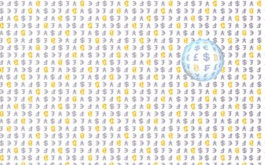 Bitcoin ve para birimi beyaz bir arka plan üzerinde. Dijital kripto sembolü. Döviz balonu, dalga etkisi, piyasa dalgalanmaları. İş konsepti. 3d illüstrasyon