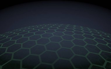 Çok katmanlı petek küresi, siyah arka planda mavi, sosyal ağ, bilgisayar ağı, teknoloji, küresel ağ. 3d illüstrasyon