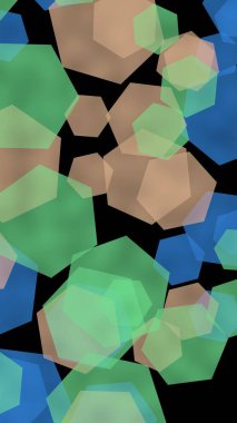 Koyu arkaplanda çok renkli yarı şeffaf altıgenler. Dikey görüntü yönlendirmesi. 3B illüstrasyon