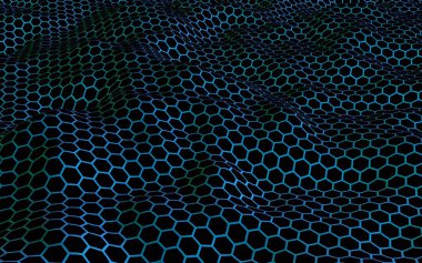 Petek mavi dalga etkisi koyu bir arka plan üzerinde. Çokgen in perspektif görünümü petek gibi görünüyor. Biyometrik geometri. 3d illüstrasyon