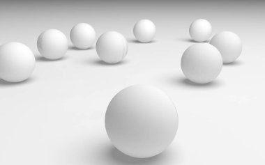 Beyaz soyut arka plan. Beyaz toplar beyaz arka planda izole edilmiş. 3B illüstrasyon