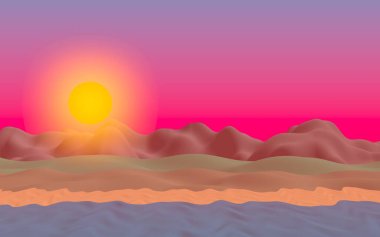 Sun Sea Beach. Sunrise. Sahilde dalgalarla okyanus kıyısı. Dalgalar ile Ada plaj cenneti. Tatil, yaz, rahatlama. Deniz manzarası, deniz kıyısı. Minimalist manzara, ilkellik. 3d illüstrasyon