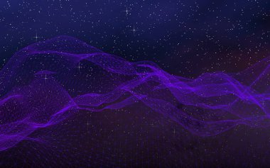 Karanlık bir arka planda soyut ultraviyole manzara. Mor siber uzay şebekesi. Merhaba teknoloji ağı. Uzay boşluğu. Mor yıldızlı uzay dokusu. 3B illüstrasyon