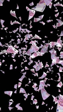 Uçan euro banknotlar karanlık bir arka plan üzerinde izole. Havada para uçuşuyor. 500 Euro renkli. 3d illüstrasyon