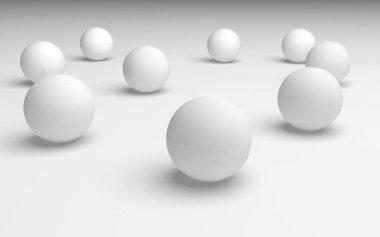 Beyaz soyut arka plan. Beyaz toplar beyaz arka planda izole edilmiş. 3B illüstrasyon