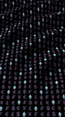 Ethereum kristal ve para karanlık bir arka plan üzerinde. Dijital kripto para birimi sembolü. İş konsepti. Piyasa Ekranı. 3d illüstrasyon