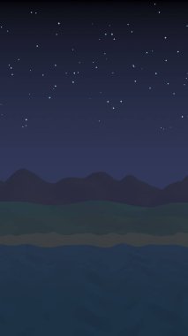 Yıldızlı aysız gökyüzü. Sahilde dalgalarla okyanus kıyısı. Dalgalar ile Ada plaj cenneti. Tatil, yaz, rahatlama. Deniz manzarası, deniz kıyısı. Minimalist manzara, ilkellik. 3d illüstrasyon