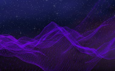 Karanlık bir arka planda soyut ultraviyole manzara. Mor siber uzay şebekesi. Merhaba teknoloji ağı. Uzay boşluğu. Mor yıldızlı uzay dokusu. 3B illüstrasyon